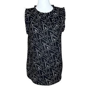 Heart Print Ruffle Blouse Size S Small Feminine Romantic V-Day Loft Ann Taylor